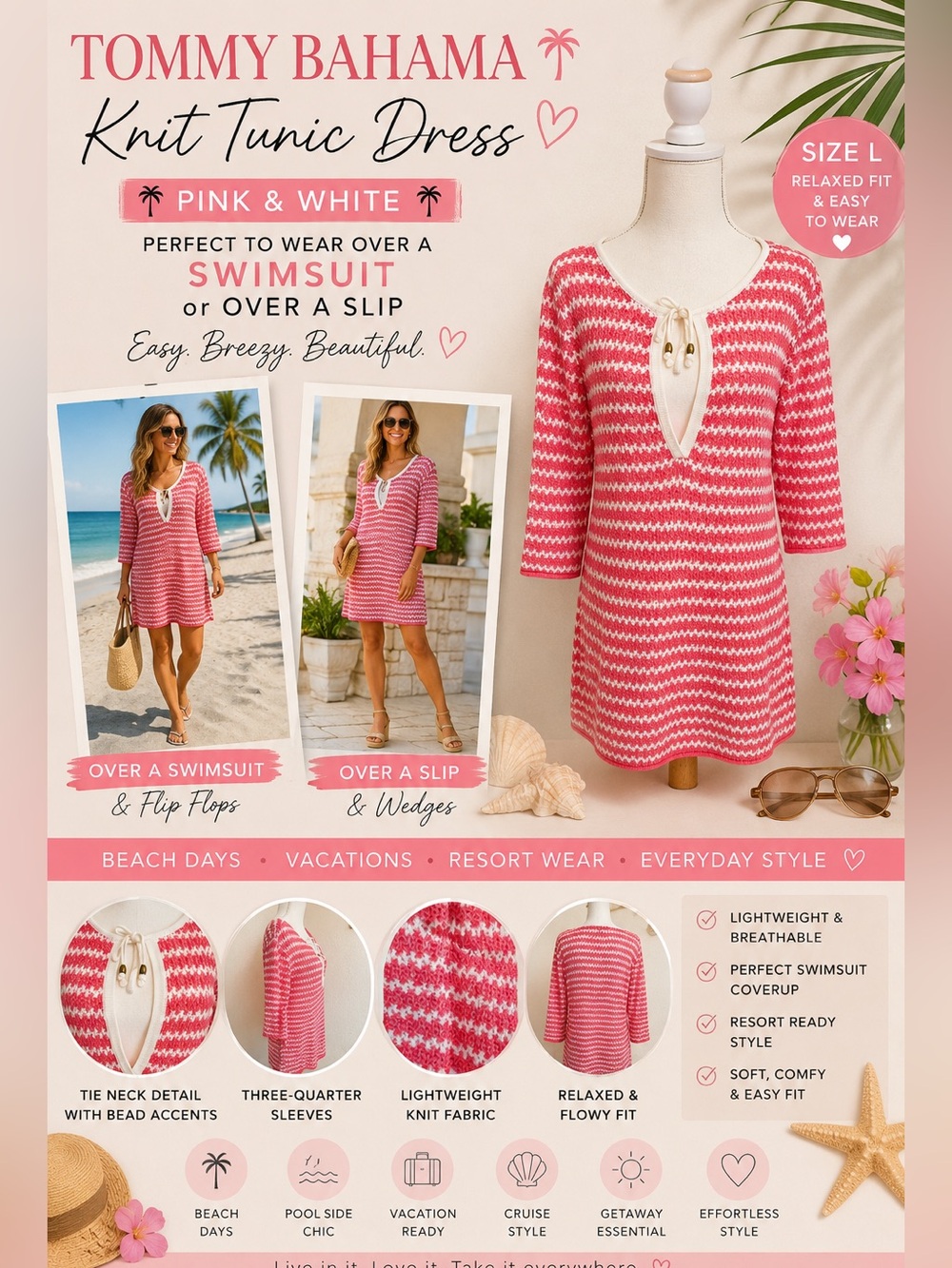 Tommy Bahama Pink & White Knit Tunic Top With Tie Neck Size L